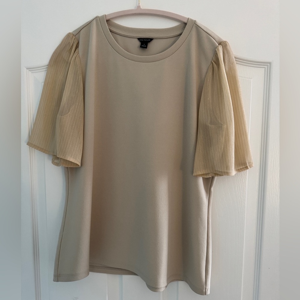 Ann Taylor Beige Blouse with Sheer Sleeves